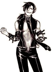 Rule 34 | 1boy, belt, belt buckle, black hair, buckle, fullmetal alchemist, graphite (medium), grin, headphones, ling yao, long hair, looking to the side, male focus, monochrome, navel, necktie, pectorals, sleeveless, smile, solo, traditional media, vocaloid, vocaloid append, yuri (k a other)