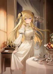Rule 34 | 1girl, antique phone, black ribbon, blonde hair, champagne flute, collar, cup, curtains, desk, detached collar, door, doorway, dress, drinking glass, eye mask, feet out of frame, fork, frilled collar, frills, fruit bowl, hair ribbon, highres, kanda done, long hair, looking at viewer, neck ribbon, nib pen (object), off-shoulder dress, off shoulder, original, pen, plate, puffy sleeves, purple eyes, ribbon, short twintails, skirt hold, solo, sugar bowl, table, table knife, tablecloth, teacup, teapot, twintails, underbust, very long hair, white dress