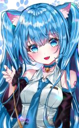 Rule 34 | animal ear fluff, animal ears, bare shoulders, bell, black sleeves, blouse, blue choker, blue eyes, blue hair, blue necktie, blush, breasts, cat ears, choker, collared shirt, detached sleeves, fang, furrowed brow, hair between eyes, hand up, hatsune miku, highres, jingle bell, long hair, looking at viewer, medium breasts, neck bell, necktie, open mouth, paw print, paw print background, shirt, skin fang, sleeveless, sleeveless shirt, smile, taru 7252, twintails, upper body, vocaloid, white shirt, wide sleeves