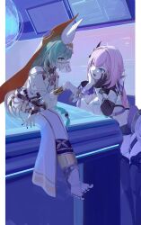 Rule 34 | 2girls, absurdres, bandaged arm, bandaged foot, bandaged hand, bandages, bare shoulders, barefoot, black gloves, black nails, black shorts, blue eyes, boots, braid, braided ponytail, breasts, cleavage, commentary request, dress, elysia (honkai impact), full body, gloves, green hair, hair between eyes, hair ornament, hands on own face, highres, hip vent, honkai (series), honkai impact 3rd, indoors, large breasts, long hair, looking at another, mobius (honkai impact), mobius (scorching gravel) (honkai impact), multiple girls, nail polish, open mouth, parted lips, pink hair, pink pupils, roena, shirt, short shorts, shorts, sidelocks, single glove, sitting, slit pupils, thigh boots, toenail polish, toenails, toes, very long hair, white dress, white shirt