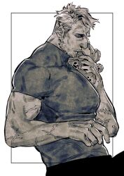 Rule 34 | 1boy, bara, beard, facial hair, from side, half-closed eyes, holding, holding stuffed toy, huge pectorals, large pectorals, looking down, male focus, mature male, monochrome, muni (fdrk), muscular, muscular male, original, pectorals, profile, scar, scar on arm, shirt, short hair, sideburns, solo, stubble, stuffed animal, stuffed toy, t-shirt, teddy bear, thick eyebrows, turtleneck, upper body