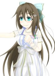 Rule 34 | 1girl, anata no risou no heroine, aqua bow, aqua eyes, arm garter, arm ribbon, artist name, artist request, bare shoulders, blue bow, blue eyes, blush, bow, bracelet, breasts, brown hair, cleavage, clenched hand, collarbone, cross-laced clothes, cross-laced dress, dress, dress bow, drop earrings, earrings, female focus, flower, flower bracelet, frilled dress, frills, hair between eyes, hair bow, hair ornament, hairclip, half updo, halter dress, halterneck, highres, jewelry, long hair, looking at viewer, love live!, love live! nijigasaki high school idol club, love live! school idol festival, medium breasts, miniskirt, necklace, osaka shizuku, outstretched arm, parted lips, pearl bracelet, pearl hair ornament, pearl necklace, pink flower, pink rose, plaid, plaid dress, plaid skirt, pleated, pleated dress, pleated skirt, ponytail, purple flower, purple rose, ribbon, rose, short sleeves, skirt, smile, solo, star (symbol), star hair ornament, striped clothes, striped dress, striped skirt, vertical-striped clothes, vertical-striped dress, vertical-striped skirt, white background, white bow, white dress, white ribbon, white skirt, wrist ribbon
