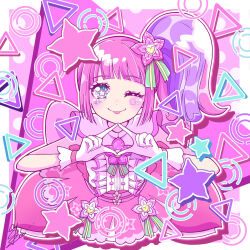 Rule 34 | 1girl, blue eyes, blunt bangs, blush, center frills, closed mouth, collared shirt, commentary request, cropped legs, flower, frills, gloves, hair flower, hair ornament, highres, idol clothes, kanon (pripara), long hair, looking at viewer, multicolored hair, one eye closed, outline, pink background, pink flower, pink hair, pink skirt, pink theme, pretty series, pripara, purple hair, satowa (circuit), shirt, side ponytail, skirt, smile, solo, star (symbol), star in eye, streaked hair, symbol in eye, tongue, tongue out, triangle, triangle hands, white gloves, white outline, white shirt