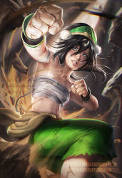 Rule 34 | 1girl, avatar: the last airbender, avatar legends, black hair, clenched teeth, clothes around waist, dirty, fighting stance, looking at viewer, navel, sakimichan, sarashi, solo, stomach, sweat, teeth, toph bei fong