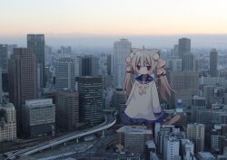 Rule 34 | 1girl, ahoge, animal ear fluff, animal ears, blue sailor collar, bow, brown hair, brown pantyhose, building, cat ears, cat girl, cat tail, cityscape, closed mouth, cloud, commentary request, day, dress, giant, giantess, hair ribbon, long hair, long sleeves, nakkar, original, osaka (city), outdoors, pantyhose, photo background, pink bow, pink ribbon, puffy long sleeves, puffy sleeves, purple eyes, ribbon, road, sailor collar, sailor dress, sky, skyscraper, sleeves past wrists, solo, standing, tail, twintails, twitter username, very long hair, watermark, white dress