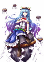 Rule 34 | 1girl, blue hair, bow, bowtie, dress, feet, female focus, food, fruit, gradient hair, hat, highres, hinanawi tenshi, keystone, long hair, looking at viewer, multicolored hair, no shoes, pantyhose, peach, purple hair, red eyes, rock, rope, shimenawa, shirosa, simple background, solo, touhou