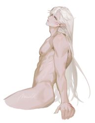 Rule 34 | 1boy, artist name, claws, cowboy shot, facial mark, hair between eyes, highres, inuyasha, leaning back, long hair, looking at viewer, male focus, mmmilk, muscular, muscular male, nude, parted bangs, pointy ears, sesshoumaru, signature, sitting, solo, white background, white hair, yellow eyes