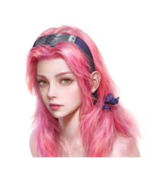 Rule 34 | 1girl, absurdres, cropped torso, eyebrows, forehead protector, green eyes, haruno sakura, highres, jiayuan song, lips, long hair, looking at viewer, md5 mismatch, naruto (series), pink hair, purple ribbon, realistic, ribbon, simple background, solo, upper body, white background