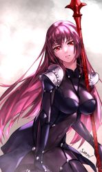 Rule 34 | 1girl, armor, bodysuit, breasts, covered navel, fate/grand order, fate (series), gae bolg (fate), hair intakes, highres, large breasts, long hair, looking at viewer, parted lips, pauldrons, polearm, purple bodysuit, purple hair, red eyes, scathach (fate), senard, shoulder armor, solo, spear, very long hair, weapon