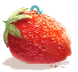 Rule 34 | caterpillar, chibi, commentary request, food, food focus, fruit, leaf, manino (mofuritaionaka), no humans, original, signature, simple background, smile, strawberry, white background