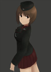 Rule 34 | 10s, 1girl, alternate costume, brown eyes, brown hair, cowboy shot, from above, fuyube gin (huyube), garrison cap, girls und panzer, grey background, hat, light smile, looking back, nishizumi miho, pleated skirt, short hair, skirt, solo, uniform