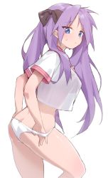 Rule 34 | 1girl, ass, bad id, bad pixiv id, blue eyes, bow, breasts, butt crack, crop top, crop top overhang, hair bow, hiiragi kagami, long hair, looking at viewer, looking to the side, lucky star, ludaf, medium breasts, no pants, panties, panty pull, purple hair, school uniform, see-through, serafuku, shirt, short sleeves, simple background, solo, sweat, thighs, twintails, underwear, very long hair, white background, white panties, white shirt