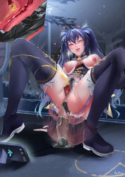 Rule 34 | 1girl, absurdres, anal, anal object insertion, blue hair, blush, breasts, cellphone, dildo, dress, excessive pubic hair, female pubic hair, frilled sleeves, frills, hair between eyes, hair ornament, highres, long hair, looking at viewer, medium breasts, neptune (series), night, nipples, noire (neptunia), nonkhian r18, object insertion, outdoors, peeing, phone, pubic hair, purple eyes, pussy, sex toy, sidelocks, smile, solo, spread legs, sweat, twintails, uncensored, very long hair