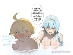 Rule 34 | 1boy, 1girl, aether (genshin impact), ahoge, bathing, blonde hair, blue hair, blush, breasts, closed mouth, collarbone, english text, eula (genshin impact), genshin impact, hair between eyes, hand on another&#039;s shoulder, large breasts, long hair, looking at another, nude, open mouth, partially submerged, purple eyes, smile, speech bubble, twitter username, water, wet, yellow eyes, yuushiba
