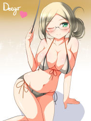 Rule 34 | 10s, 1girl, bare shoulders, bikini, blush, breasts, cleavage, deego (omochi bazooka), female focus, glasses, green eyes, kantai collection, katori (kancolle), large breasts, long hair, looking at viewer, navel, one eye closed, silver hair, sitting, smile, solo, swimsuit