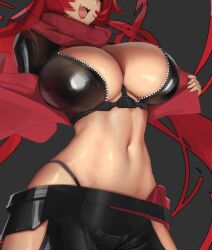 Rule 34 | 1girl, breasts, character request, eu03, female focus, goddess of victory: nikke, grey background, huge breasts, large breasts, long hair, navel, red hair, red hood (nikke), scarf, solo, tagme, zipper