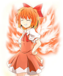 Rule 34 | 1girl, achi cirno, alternate color, alternate element, cirno, closed eyes, fire, grin, hands on own hips, komakusa, orange hair, red theme, ribbon, smile, solo, touhou