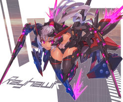 Rule 34 | 1girl, action, bare shoulders, dual wielding, english text, eyebrows, fire, gluteal fold, headgear, holding, leaning forward, leg up, light purple hair, long hair, looking to the side, mecha, mecha musume, mk-5, navel, original, parted lips, pink eyes, pink fire, ponytail, red pupils, robot, see-through, serious, shiny skin, short hair, solo, sword, thighs, weapon