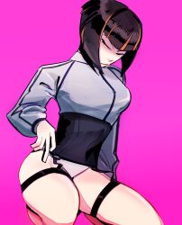 Rule 34 | 1girl, absurdres, arms at sides, bare legs, black corset, black hair, blunt bangs, bob cut, breasts, closed mouth, commentary, constricted pupils, corset, garter straps, hand on own leg, highres, jacket, kagenui yozuru, large breasts, looking back, looking to the side, monogatari (series), multicolored hair, narrowed eyes, naughty face, no pants, one eye closed, panties, pantyshot, pink background, red hair, saturatedinorange, short hair, sidelocks, simple background, solo, squatting, streaked hair, thigh bands, thigh strap, underwear, white jacket, white panties