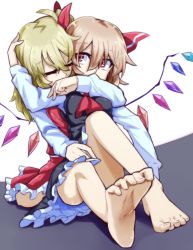 Rule 34 | 2girls, arm around neck, arm up, ascot, bad feet, bare legs, barefoot, behind another, black dress, blonde hair, closed eyes, couple, covered mouth, crystal, dress, feet, flandre scarlet, full body, hair between eyes, hair ribbon, hand on another&#039;s head, hug, hug from behind, knee up, long sleeves, looking at another, looking to the side, manekinekoppoi inu, medium hair, miniskirt, multiple girls, one side up, red ascot, red eyes, red skirt, red vest, ribbon, rumia, shirt, short dress, skirt, skirt set, soles, toenails, toes, touhou, vest, white shirt, wings, yuri