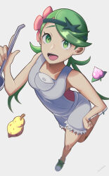 Rule 34 | 1girl, :d, absurdres, berry (pokemon), commentary request, creatures (company), flower, footwear ribbon, game freak, green eyes, green footwear, green hair, green headband, green ribbon, grey background, grey overalls, hand on own thigh, headband, highres, holding, holding ladle, knees, ladle, leg up, long hair, looking up, mallow (pokemon), midzuki (aimizuai), nintendo, open mouth, overall shorts, overalls, pink flower, pink shirt, pokemon, pokemon sm, ribbon, shirt, shoes, sitrus berry, smile, solo, swept bangs, teeth, tongue, twintails