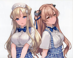 Rule 34 | 2girls, absurdres, alternate costume, apron, blonde hair, blue apron, blue bow, blue bowtie, blue eyes, bow, bowtie, breasts, brown eyes, brown hair, closed mouth, comiket 100, double bun, employee uniform, fletcher (kancolle), gingham, hair between eyes, hair bun, hair ornament, hair ribbon, hairband, hat, high-waist skirt, highres, johnston (kancolle), kantai collection, large breasts, light brown hair, long hair, looking at viewer, medium breasts, multiple girls, non-web source, open mouth, plaid, purple eyes, ribbon, rokuwata tomoe, scan, shirt, short sleeves, simple background, skirt, smile, star (symbol), star hair ornament, twintails, two side up, uniform, upper body, waitress, white background, white shirt