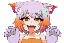 Rule 34 | 1girl, absurdres, animal ears, blush, brown eyes, collarbone, el michi45, facial mark, fangs, gloves, gradient hair, highres, incredibly absurdres, lips, looking at viewer, multicolored hair, open mouth, orange hair, original, paw pose, short hair, smile, solo, teeth, tongue, tongue out, whisker markings, white gloves, white hair