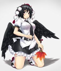 Rule 34 | 1girl, belt, black hair, black wings, blush, breasts, commentary request, covered erect nipples, geta, hand fan, hat, hauchiwa, highres, hip focus, kneeling, leaf, looking at viewer, low wings, medium breasts, necktie, panties, panty pull, parted lips, pom pom (clothes), red eyes, revision, satou samu, shameimaru aya, short hair, simple background, skirt, solo, tokin hat, touhou, underwear, white background, white panties, wings