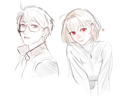 1boy 1girl arcueid_brunestud black_eyes blonde_hair blush bob_cut collared_jacket glasses heart highres jacket jewelry leodot long_sleeves looking_at_viewer necklace open_mouth red_eyes shirt sketch smile tohno_shiki tsukihime tsukihime_(remake) turtleneck white_shirt