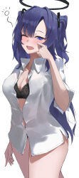 Rule 34 | 1girl, absurdres, black bra, blue archive, blue eyes, blush, bra, breasts, cleavage, halo, highres, long hair, looking at viewer, medium breasts, nagiushi, open mouth, parted bangs, purple eyes, purple hair, shirt, short sleeves, solo, two side up, underwear, white background, white shirt, yuuka (blue archive)