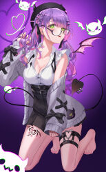 Rule 34 | 1girl, absurdres, bandaid, bandaid on neck, barefoot, beret, black hat, black ribbon, black skirt, blush, braid, breasts, cleavage, demon tail, demon wings, ear piercing, earrings, eyelashes, fang, feet, frilled sleeves, frills, full body, glasses, gradient background, green eyes, grey jacket, hair ornament, hair ribbon, hand up, hat, high-waist skirt, highres, hololive, jacket, jewelry, kneeling, large breasts, leg tattoo, legs, long hair, looking at viewer, miniskirt, multicolored hair, myudi ariel, nail polish, neck ribbon, off shoulder, official alternate costume, on ground, open clothes, open jacket, parted bangs, partially unbuttoned, piercing, pink hair, pink nails, pleated skirt, purple-framed eyewear, purple background, purple hair, ribbon, ribbon trim, shadow, shiny skin, shirt, short sleeves, sidelocks, skirt, solo, streaked hair, swept bangs, tail, tail ornament, tail piercing, tattoo, thighs, toenail polish, toenails, toes, tokoyami towa, tokoyami towa (jirai kei), tongue, tongue out, twintails, undone neck ribbon, virtual youtuber, white shirt, wings, x hair ornament