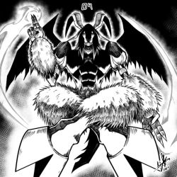 Rule 34 | 2021, abs, bad id, bad pixiv id, crossed legs, digimon, digimon (creature), fangs, finger gun, floating, full body, glowing, goat, goat horns, gradient background, greyscale, hairy, highres, hooves, horns, inktober, keyliom, mephismon, monochrome, muscular, no humans, no pants, no shirt, numbered, signature, solo, star (symbol), tail, teeth, wings