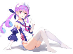 Rule 34 | 1girl, ahoge, azur lane, bare shoulders, breasts, buttons, collarbone, colored inner hair, commentary request, detached sleeves, double-breasted, gloves, hair ribbon, hololive, long hair, looking at viewer, maid headdress, medium breasts, minato aqua, multicolored hair, neckerchief, one-piece swimsuit, open mouth, purple eyes, purple hair, purple neckerchief, purple ribbon, purple sailor collar, ribbon, sailor collar, simple background, sitting, solo, streaked hair, swimsuit, swimsuit skirt, thighhighs, twintails, v, virtual youtuber, white background, white gloves, white thighhighs, zhiyou ruozhe