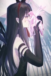 Rule 34 | 2girls, absurdly long hair, absurdres, akemi homura, akuma homura, angel wings, backless dress, backless outfit, black dress, black gloves, black hair, blood, bloody tears, chinese commentary, closed eyes, closed mouth, commentary request, demon wings, dress, elbow gloves, expressionless, gloves, grey background, hairband, hand on another&#039;s face, highres, kaname madoka, long hair, long sleeves, looking at another, mahou shoujo madoka magica, mahou shoujo madoka magica (anime), mini person, minigirl, multiple girls, pink hair, pink thighhighs, profile, red hairband, shao ziye, size difference, thighhighs, ultimate madoka, very long hair, white dress, white footwear, wings