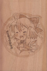 Rule 34 | 1girl, ahoge, angry, berry jou, bow, chibi, cirno, closed eyes, hair bow, mokurui, monochrome, open mouth, solo, touhou, traditional media, wings, wood
