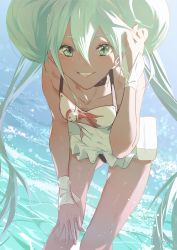 Rule 34 | 1girl, absurdres, adapted costume, aqua hair, bare legs, bent over, breasts, casual one-piece swimsuit, collarbone, covered navel, day, floating hair, gluteal fold, green eyes, grin, hair between eyes, hand in own hair, hand on own knee, hatsune miku, highres, long hair, looking at viewer, one-piece swimsuit, outdoors, racing miku, racing miku (2022), small breasts, smile, solo, swimsuit, twintails, very long hair, vocaloid, white one-piece swimsuit, zhenxuankuang