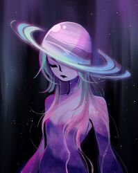 Rule 34 | 1girl, black lips, breasts, cleavage, colored skin, commentary, feefal, glowing, gradient hair, gradient skin, green hair, highres, long hair, medium breasts, multicolored hair, one eye closed, original, personification, pink skin, planet, planetary ring, saturn (planet), small breasts, space, star (sky), star (symbol), starry background, upper body, very long hair