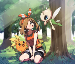 Rule 34 | 1girl, :d, bare shoulders, black shorts, bow, brown hair, celebi, collarbone, creatures (company), fanny pack, forest, game freak, gen 2 pokemon, gen 3 pokemon, grass, grey eyes, hair bow, highres, kneeling, legendary pokemon, looking at viewer, may (pokemon), mythical pokemon, nature, nintendo, on grass, open mouth, pokemon, pokemon (creature), pokemon oras, red shirt, shirt, shorts, sleeveless, sleeveless shirt, smile, torchic, tree, yuihico