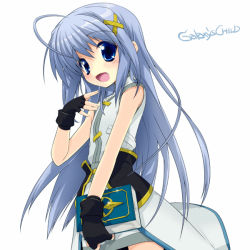 Rule 34 | 00s, 1girl, :d, ahoge, black gloves, blue eyes, blush, book, book of the azure sky, gloves, gota nao, gotou nao, hair ornament, holding, holding book, long hair, looking at viewer, lyrical nanoha, magical girl, mahou shoujo lyrical nanoha, mahou shoujo lyrical nanoha strikers, open mouth, reinforce zwei, silver hair, smile, solo, tareme, very long hair, x hair ornament