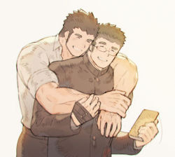 Rule 34 | 2boys, bad id, bad pixiv id, bandages, bara, black hair, brown hair, chataro1412, collared shirt, couple, gakuran, glasses, hug, hug from behind, leaning on person, male focus, protagonist 3 (housamo), multiple boys, muscular, muscular male, partially unbuttoned, rimless eyewear, school uniform, motoori shiro, shirt, short hair, sleeves rolled up, smile, thick eyebrows, tokyo houkago summoners, upper body, white shirt, yaoi