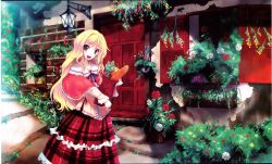 Rule 34 | 1girl, :d, bag, blonde hair, blue eyes, blush, bread, carrying, door, dress, flower, food, frilled dress, frills, fruit, grass, head tilt, highres, house, lamp, long hair, long sleeves, looking at viewer, open mouth, original, outdoors, plaid, plaid dress, plant, potted plant, red flower, red rose, ribbon, rose, scenery, shade, shawl, shopping bag, smile, solo, stairs, standing, tamaki fuyu, tomato, uniform, vegetable, wall, wavy hair, white flower, white rose