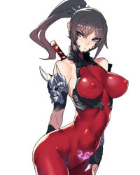 Rule 34 | 1girl, :&lt;, arm behind back, armlet, armor, ban! (bansankan), bare shoulders, black hair, bodysuit, breasts, covered erect nipples, covered navel, eyes visible through hair, fingerless gloves, gloves, grey eyes, high ponytail, highres, large breasts, long hair, looking at viewer, mask, ninja, nipples, ponytail, pubic tattoo, simple background, skin tight, skull, solo, soul calibur, standing, sweatdrop, sword, sword behind back, taki (soulcalibur), tattoo, weapon, white background