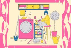 Rule 34 | 1girl, basket, blue hair, cat, cellphone, cupboard, electrical outlet, flat color, grey cat, grey pants, laundry, laundry basket, limited palette, long sleeves, no nose, original, pants, phone, plant, shirt, shoes, short hair, sitting, solo, towel, twitter username, washing machine, white cat, yellow shirt, yonoko k