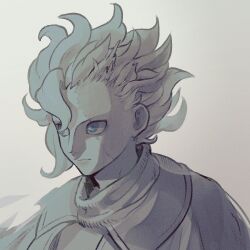 Rule 34 | 1boy, belafu (human), blue eyes, closed mouth, hair over one eye, looking ahead, made in abyss, male focus, monochrome, okurase, portrait, scar, scar across eye, scar on face, short hair, simple background, solo, spiked hair, spot color, turtleneck
