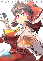 Rule 34 | 1girl, adapted costume, alternate breast size, ascot, backless outfit, bare shoulders, bow, breasts, bright pupils, brown hair, carte, character name, cirno, commentary request, covered erect nipples, cup, detached sleeves, drink, drinking glass, eyelashes, eyeshadow, fingernails, frilled bow, frilled hair tubes, frills, from side, hair bow, hair tubes, hakurei reimu, hand fan, hand up, highres, holding, holding cup, holding fan, ice, ice cube, ice wings, large bow, large breasts, light smile, long hair, looking at viewer, makeup, melting, no bra, parted lips, red bow, red eyes, red skirt, ribbon-trimmed sleeves, ribbon trim, sideboob, simple background, sitting, skirt, skirt set, solo focus, sparkle, sweat, touhou, white background, white pupils, wide sleeves, wings, yellow ascot