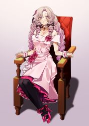 Rule 34 | 1girl, :o, asazuke25, bare shoulders, black pantyhose, breasts, chair, chest tattoo, choker, cleavage, collarbone, dress, drill hair, flower, frills, hair flower, hair ornament, hair ribbon, highres, hyakumantenbara salome, lace trim, large breasts, layered dress, light purple hair, long hair, looking at viewer, nijisanji, off-shoulder dress, off shoulder, open mouth, pantyhose, parted bangs, pink dress, pink flower, pink footwear, pink rose, purple eyes, ribbon, ringlets, rose, scorpion tattoo, scrunchie, signature, simple background, sitting, smile, solo, strappy heels, tattoo, virtual youtuber, white choker