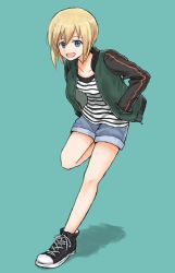 Rule 34 | 1girl, black footwear, black shirt, blonde hair, blue eyes, blue shorts, casual, commentary, contemporary, cross-laced footwear, denim, denim shorts, erica hartmann, full body, green background, green jacket, hands in pockets, jacket, leg up, long sleeves, looking at viewer, mutsu (layergreen), open mouth, shadow, shirt, shoes, short hair, short shorts, shorts, simple background, single vertical stripe, smile, sneakers, solo, standing, standing on one leg, strike witches, striped clothes, striped shirt, world witches series