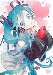 Rule 34 | 1girl, aqua eyes, aqua hair, detached sleeves, hatsune miku, headphones, headset, heart, long hair, na222222, necktie, no pants, panties, see-through, sleeves past wrists, smile, solo, striped clothes, striped panties, twintails, underwear, valentine, very long hair, vocaloid