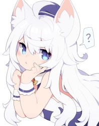 Rule 34 | 1girl, ?, animal ear fluff, animal ears, bare shoulders, beret, blue eyes, blue hat, commentary request, couette (world flipper), dress, hair between eyes, hat, long hair, looking at viewer, mofuaki, parted lips, simple background, solo, spoken question mark, upper body, white background, white dress, white hair, world flipper, wrist cuffs
