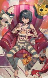 Rule 34 | 1boy, absurdres, animal balloon, armchair, bag, barefoot, black hair, black tank top, blush, cake, cake slice, chair, coca-cola, drawn crown, eating, food, fork, full body, heart, highres, holding, holding fork, holding plate, indoors, kome non, layered shirt, long sleeves, looking at viewer, male focus, mashiro meme, mashiro meme (2nd costume), nijisanji, off shoulder, on chair, open mouth, pants, patterned clothing, plate, reclining, shirt, short hair, single bare shoulder, sitting, soda bottle, solo, spread legs, striped clothes, striped pants, tank top, virtual youtuber, white shirt, yellow eyes